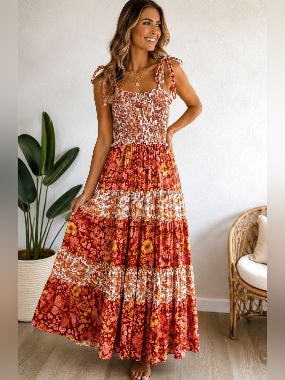 Abel The Label Floral Patchwork Smocked Tie Strap Maxi Dress Size Small